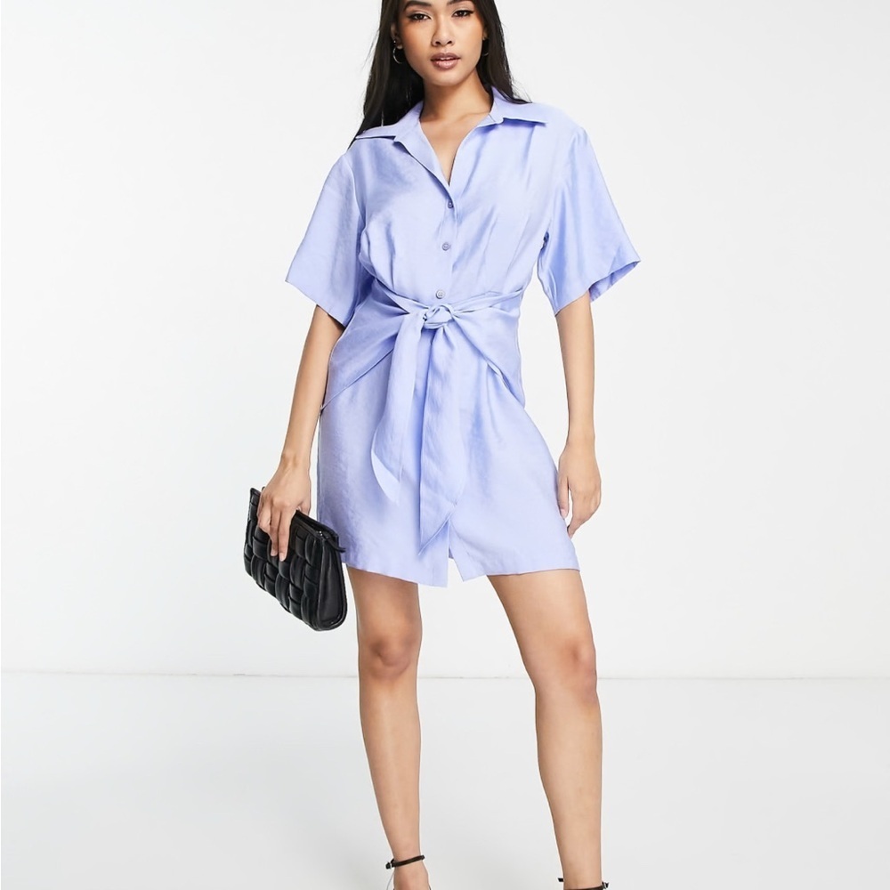 & Other Stories Light Blue Tie Front Mini Shirt Dress, Size 4